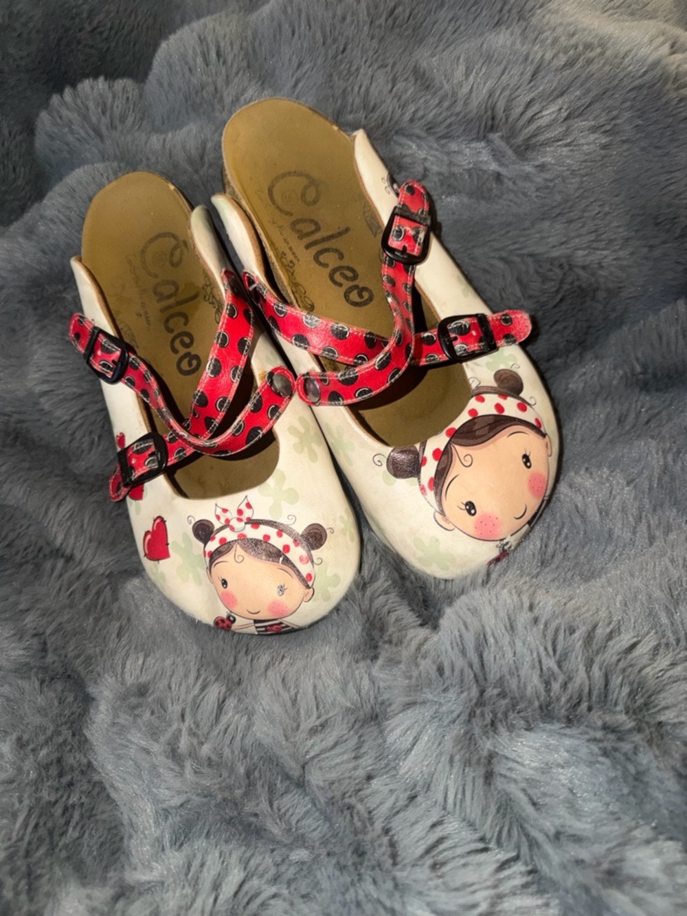 Cream Mules with Red Accent Strap and Cartoon Detail
